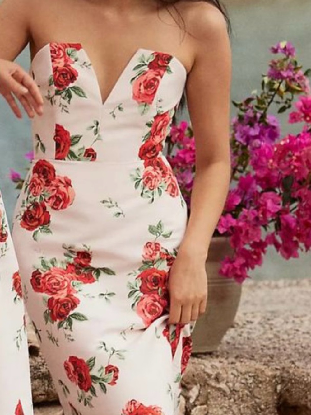 Sachin + Babi White Strapless Midi Dress with Red Rose Print